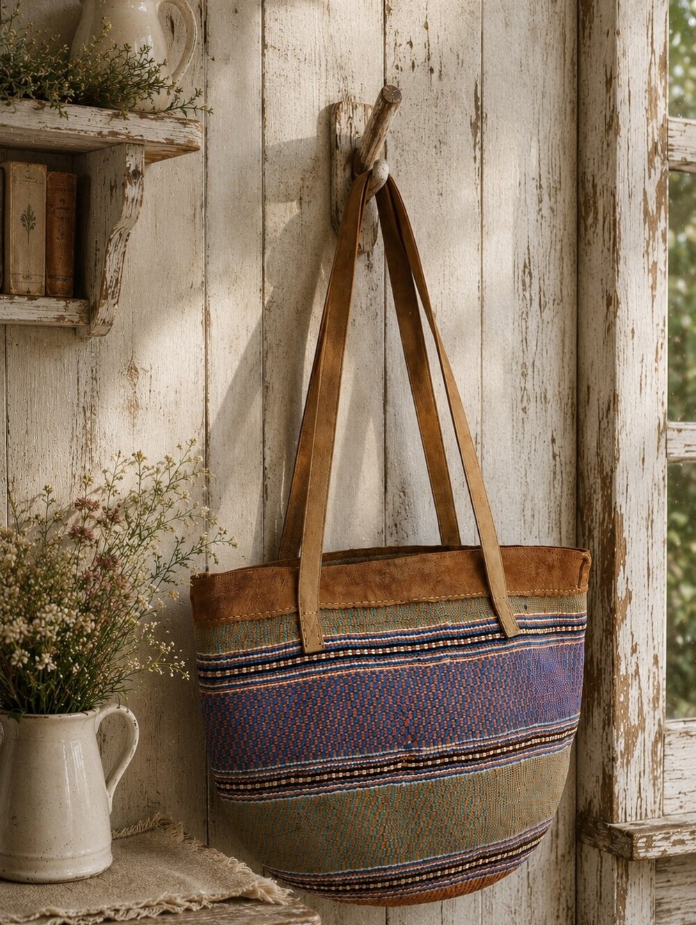 🧺 Vintage Woven Sisal Tote Bag — Leather Straps — Boho Market Bag